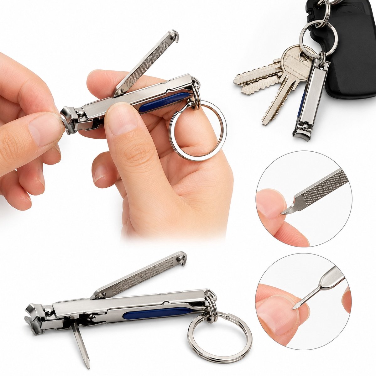Multifunctionele Nagelknipper Sleutelhanger – 4-in-1 Nagelknipper, Nagelvijl & Nagelreiniger – Compact RVS Manicuresetje voor Sleutelbos