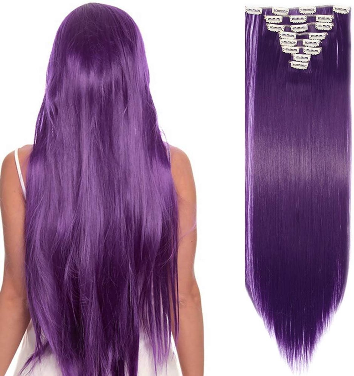 Haarextensies 8 stuks rechte volledige hoofd haarstukjes synthetische vezel haarset - Paars Blauw (Lengte: 66 cm, Gewicht: 140 g)