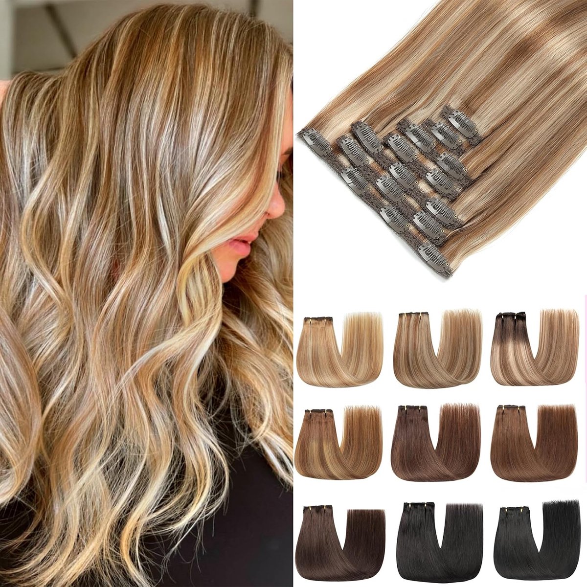 Clip In Hair Extensions 7 Pieces Straight Human Hair Extensions Light Brown mixed Ash Blonde Clip In 80g 35cm(14Inch, P6/18K#)