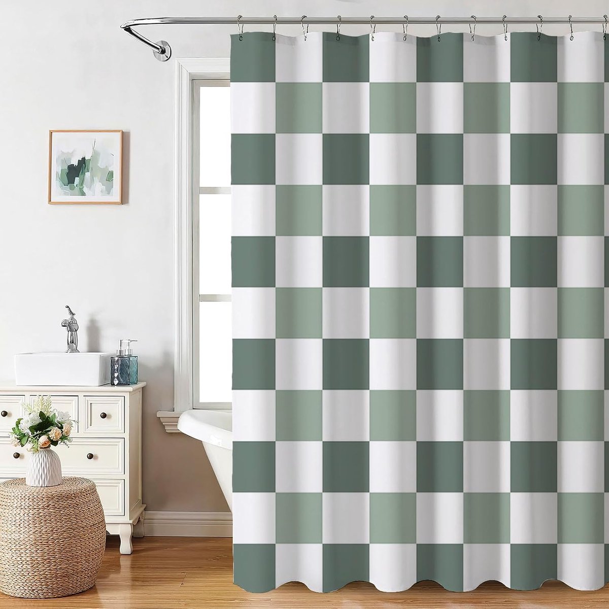 Geruit douchegordijn 180 x 180 cm - saliegroen waterdicht badgordijn, duurzaam vintage dambordontwerp met 12 haken, machinewasbare stof voor alle badkamers