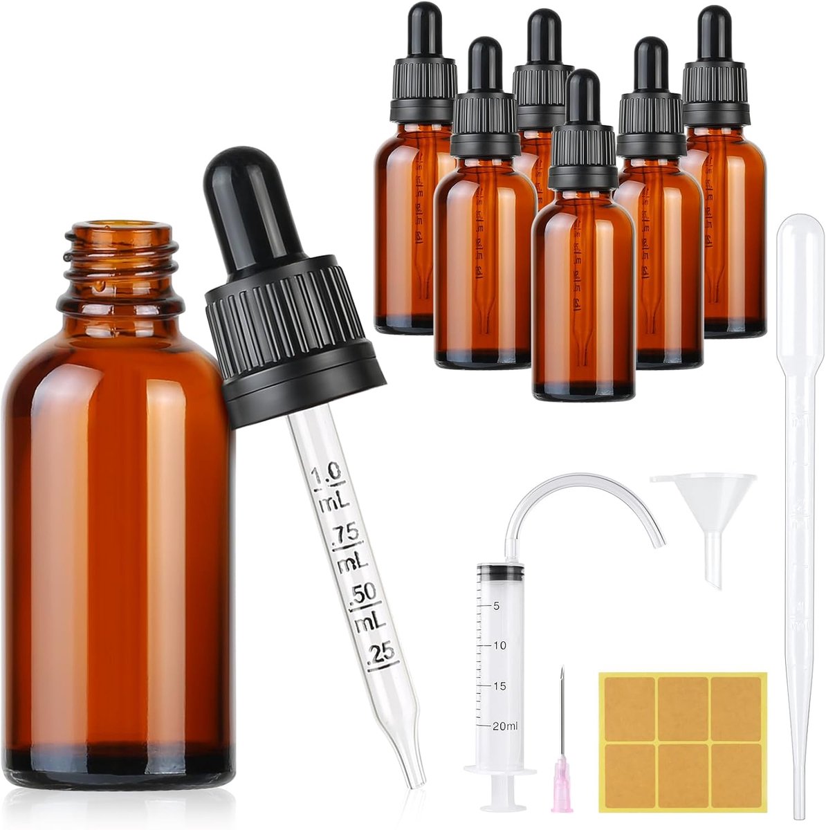 6 Stuks Pipetflessen, 30ml Bruine Glazen Fles met Pipet, Herbruikbare Pipetfles Druppelflessen, Fles Apotheekflessen met 3ml Pipet Spuit Trechter voor Etherische Oliën