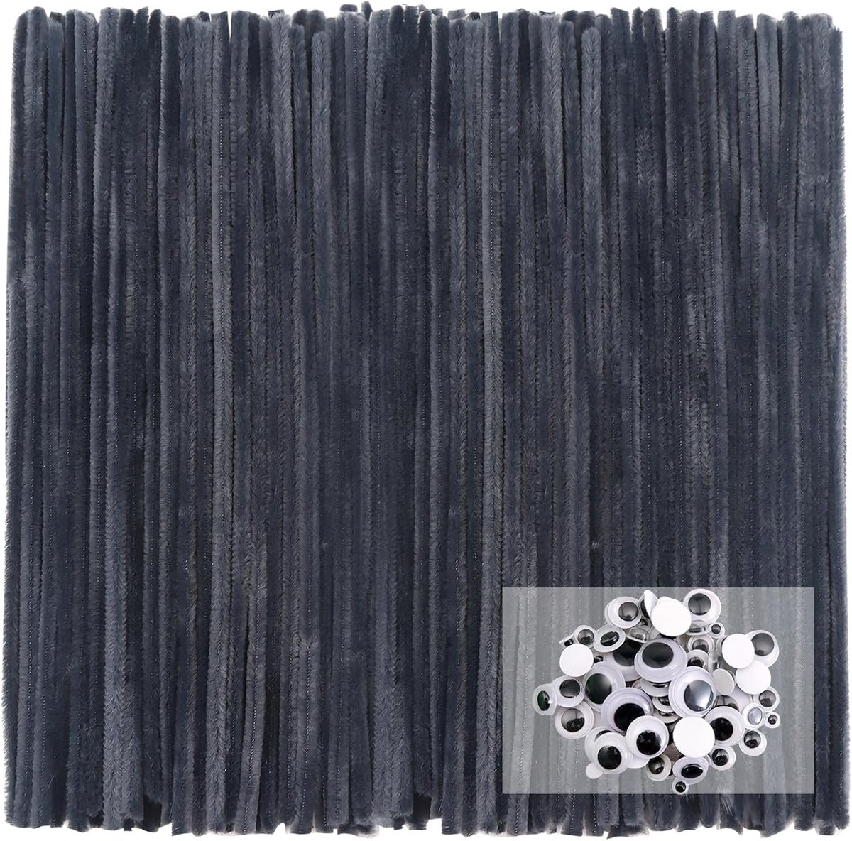 100 stuks Pijpenragers Grijs Pijpenragers om te Knutselen Chenilledraad 30 cm x 6 mm met Zelfklevend Wiebelogen voor Creatieve doe-het-zelf Handwerk Decoratie