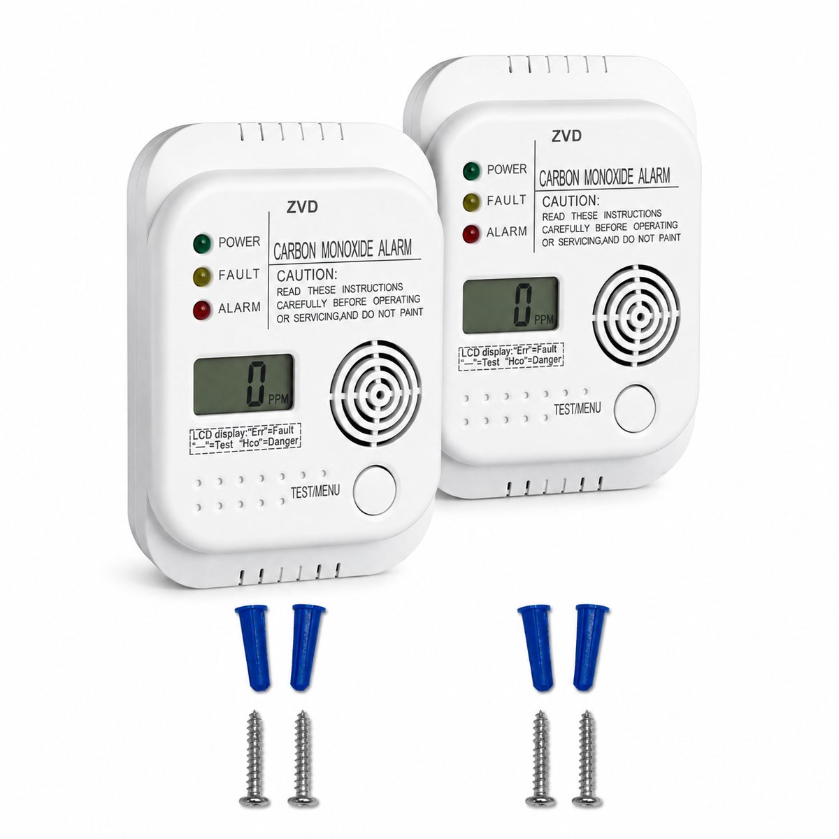 Koolmonoxidemelder met LCD-Scherm - 85 dB Geluids- en Lichtalarm - Batterijgevoed - Draagbaar voor Thuis, Keuken, Slaapkamer, Garage en Camper - 2 Stuks