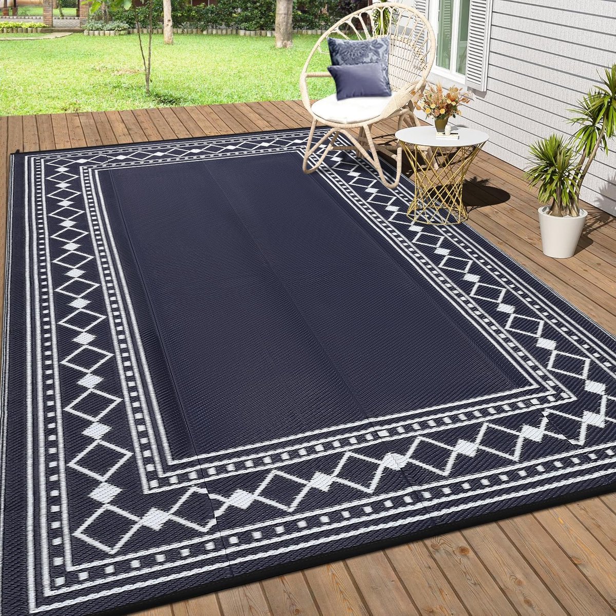Waterdicht plastic strotapijt voor buiten, omkeerbaar terrastapijt, draagbare duurzame picknickmat, weerbestendig buitentapijt voor veranda, camper, zwembad, tuin, tuin, camper, blauw en zwart