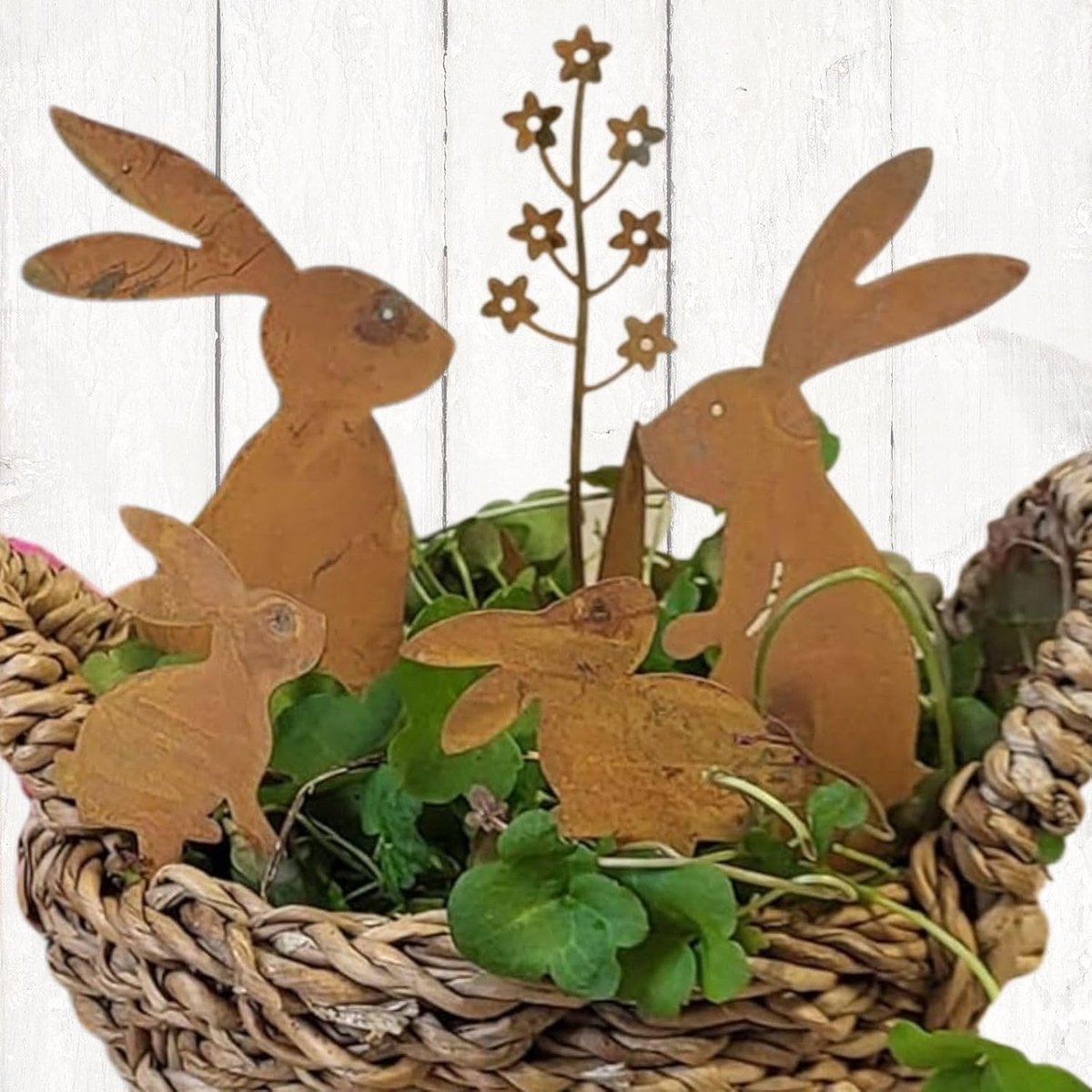 Decoratieve stekerset - 5-delig mini hazen - bloem - patina patina - lentedecoratie - paasdecoratie plantensteker tuin haas roestfiguur