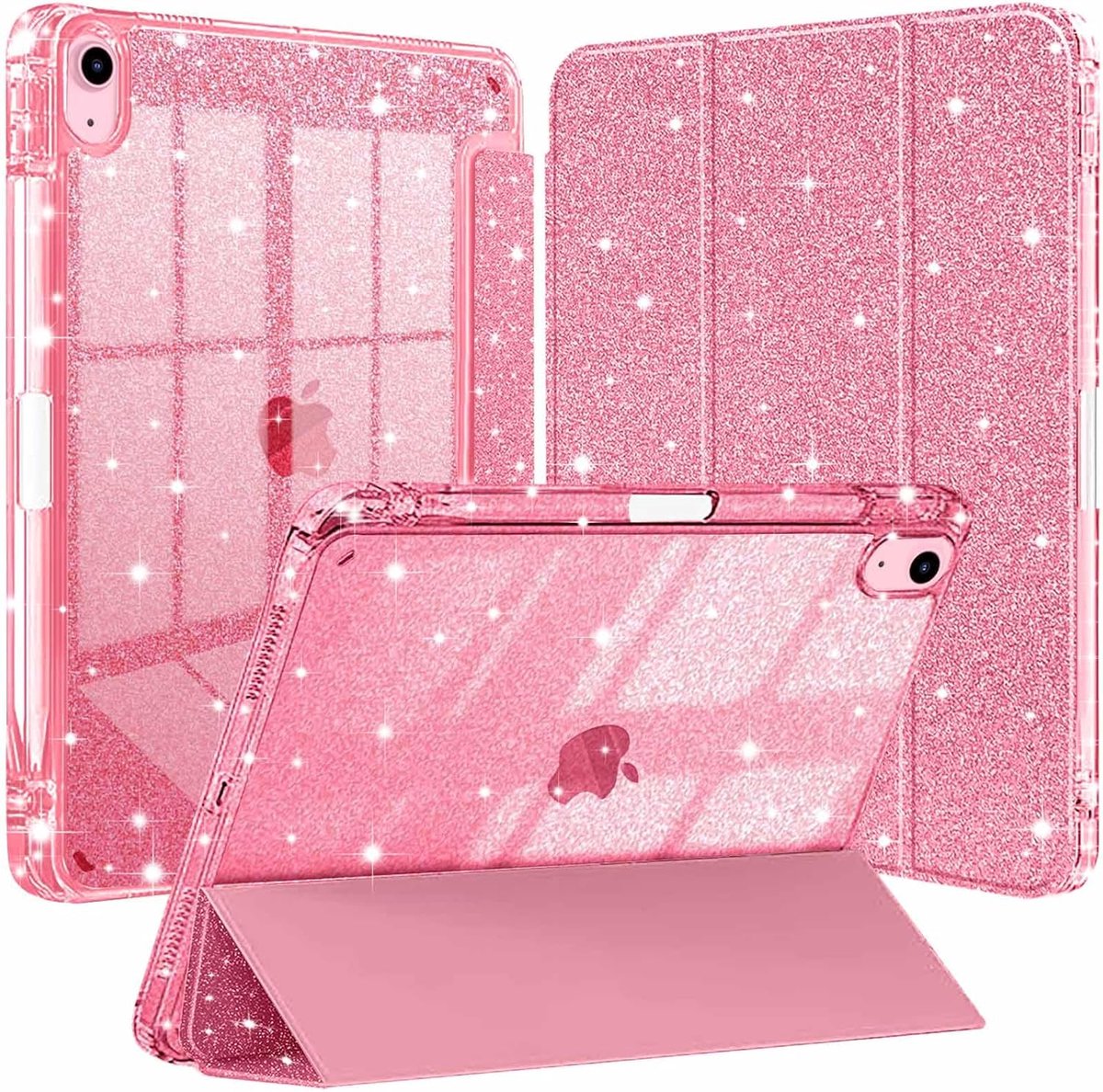 Case voor iPad Air 11 Inch M4/M3/M2 (2026/2025/2024), iPad Air 5/4 (2022/2020 5e/4e) met Pencil Houder, Sprankelende Slanke Hoes Cover met Glanzende Transparante, 8-Roze