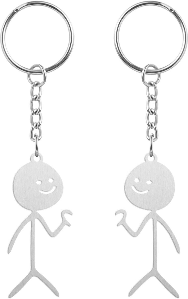 Sleutelhanger met smiley en tekentaal, 2 stuks, met schattige borduurman, perfect voor het versieren van tassen, auto's en sleutels, een origineel cadeau voor een leuk paar