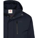 Sluiting van de donkerblauwe herenparka met capuchon en ritsdetail.