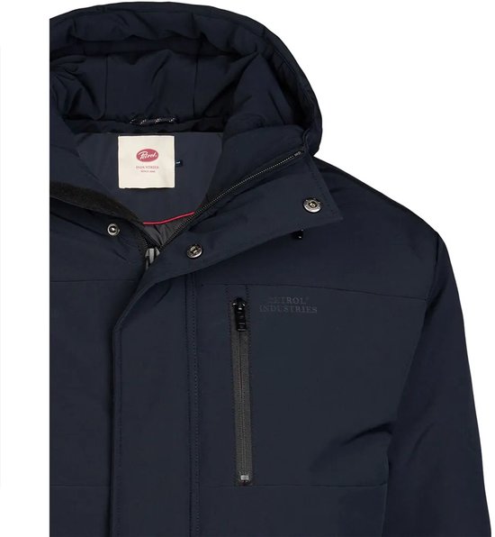 Sluiting van de donkerblauwe herenparka met capuchon en ritsdetail.
