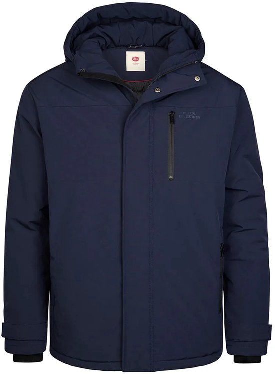 Donkerblauwe herenparka met capuchon, ritssluiting en borstzak met rits. 'Petrol Industries' op borst.