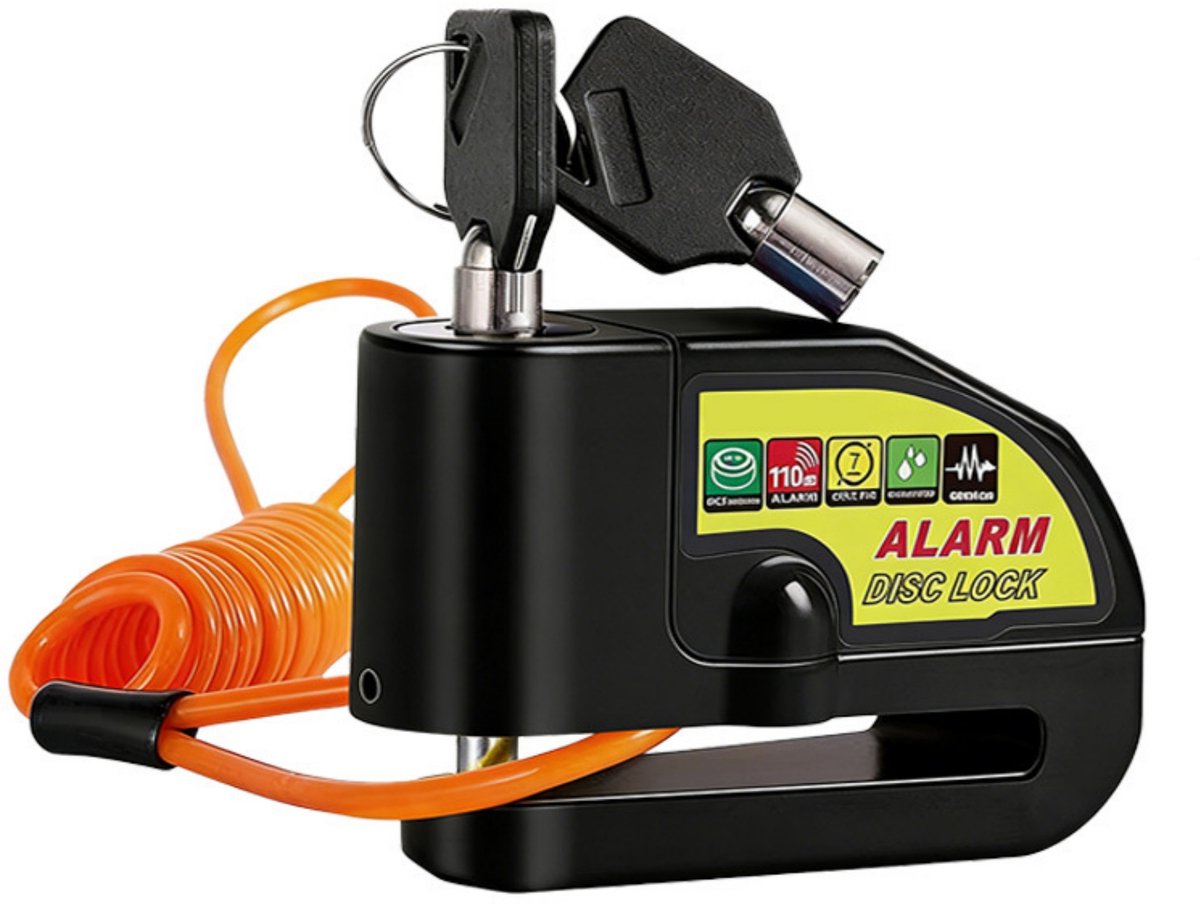casalora—Remschijf slot set met alarm – 110 dB – waterdicht – met 1,5 m herinneringskabel – batterijgevoed – voor motor, fiets, scooter – zwart