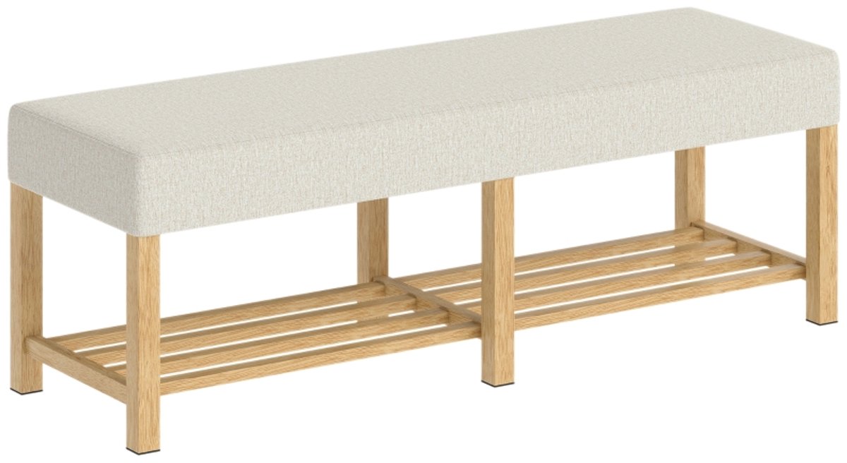 Schoenenbank 140x44x48cm Houtkleur Hout kruk bank voetenbank leesbank eenvoudig ontwerp praktisch en mooi tweepersoonszitplaats met open opbergvak en opbergruimte geschikt voor hal entree en slaapkamer