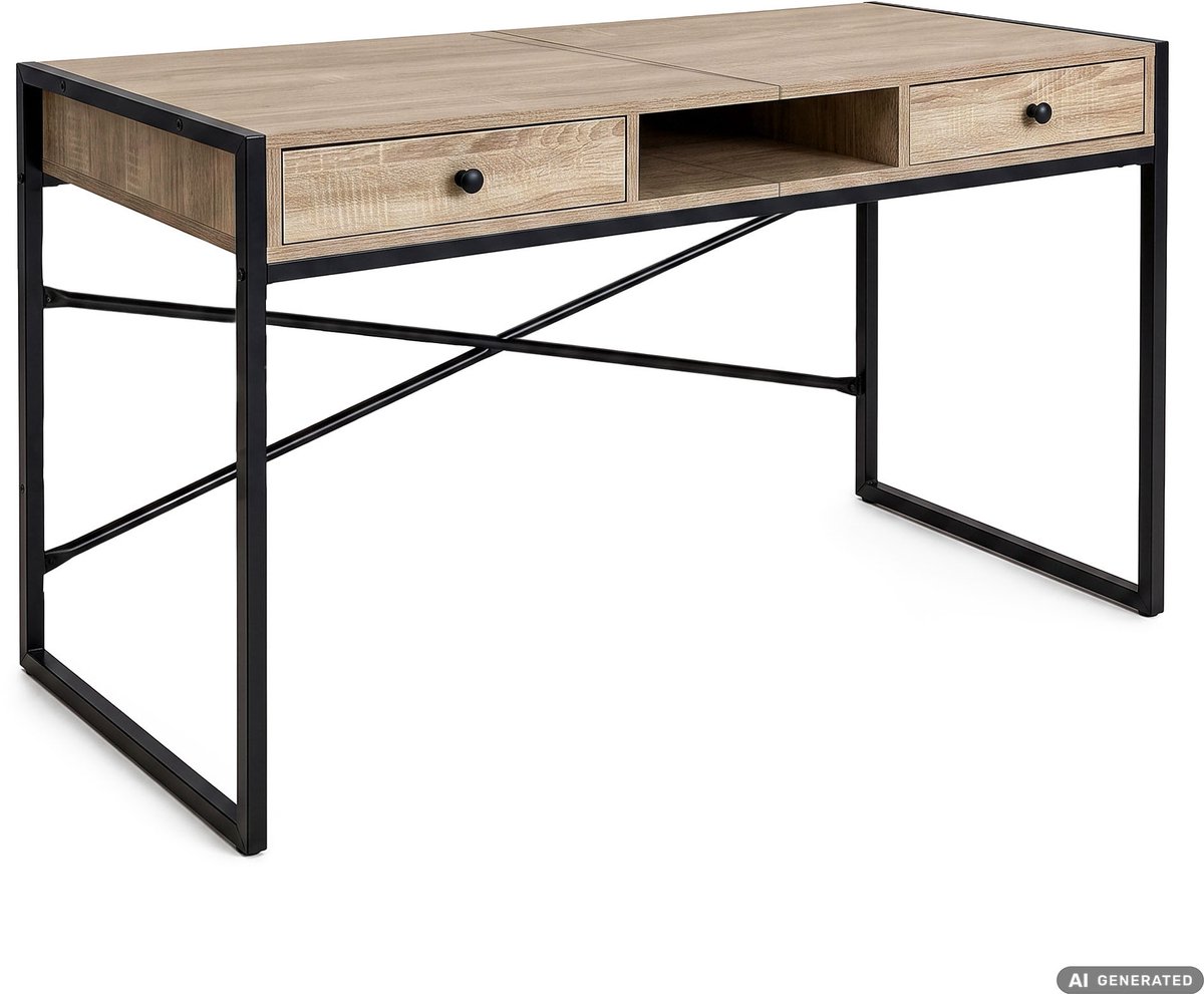 Computertafel Bureau ELONIS / Industrieel / 123 cm / Sonoma Eiken / 2 Lades / 1 Plank / Zwarte Poten