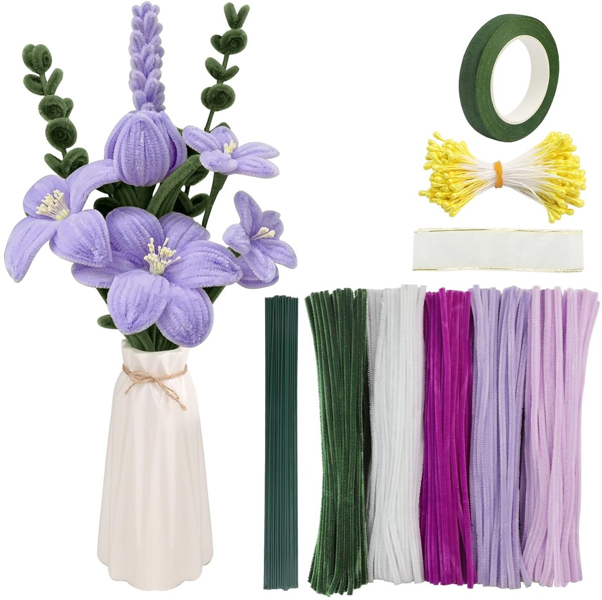 Pijpenrager om te knutselen, 500 stuks, bloemenset, pijpenreiniger, paars, voor knutselen en bloemen, chenilledraad met bloemenstokken, bloementape, stofbakken