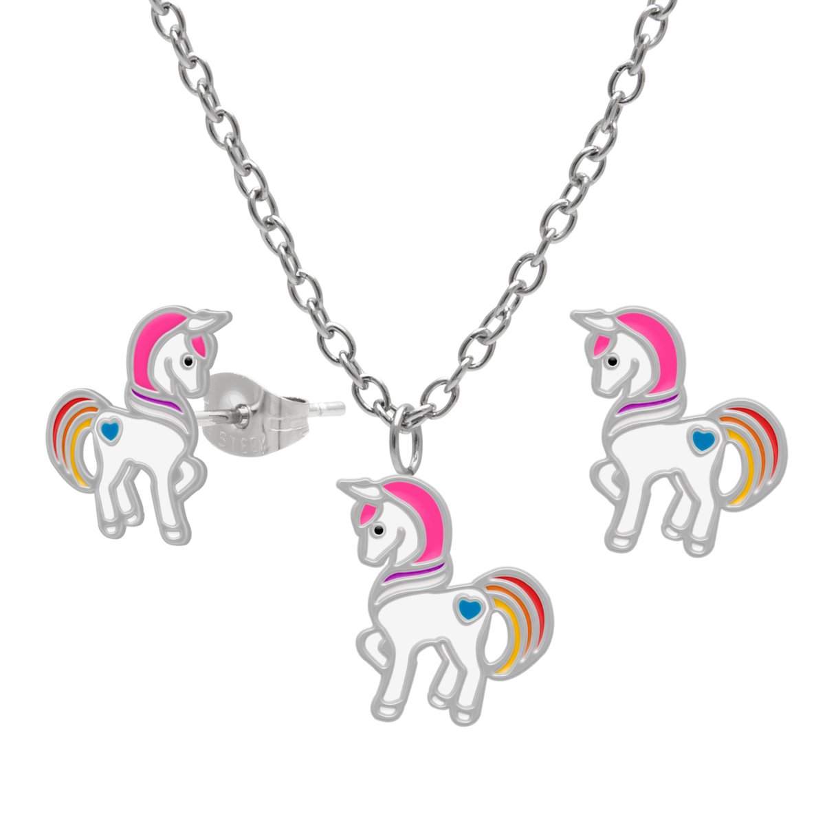 Meisjes Sieradenset Eenhoorn – Ketting en Oorstekers – Chirurgisch Staal – Kleurrijk Unicorn Design – Kindersieraden