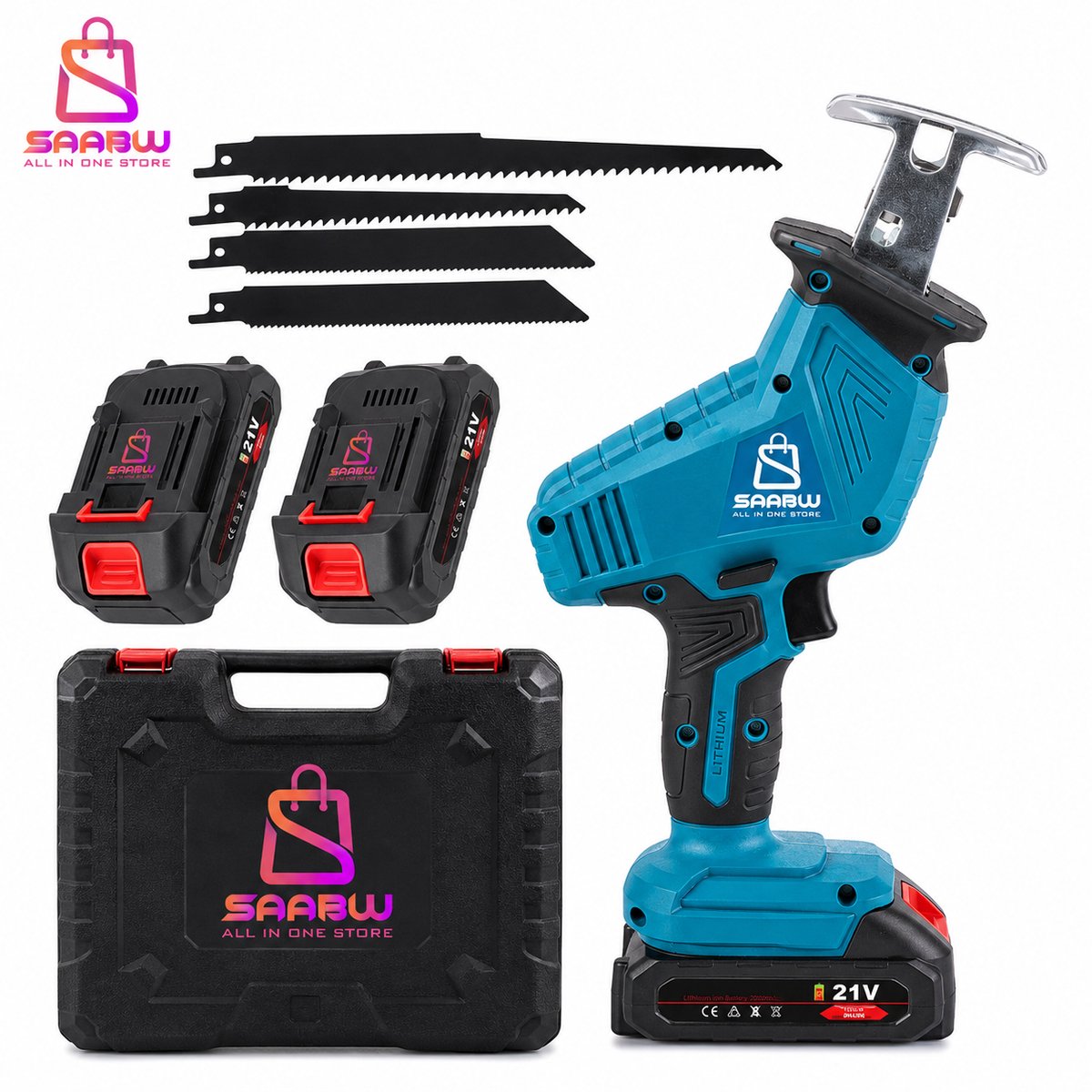 Accu Reciprozaag 21V – Draadloze Zaagmachine met 2x 1,5Ah Li-Ion Accu – 4 Zaagbladen voor Hout en Metaal – Snoeizaag, Handzaag, Inclusief Lader en Opbergkoffer – 48468
