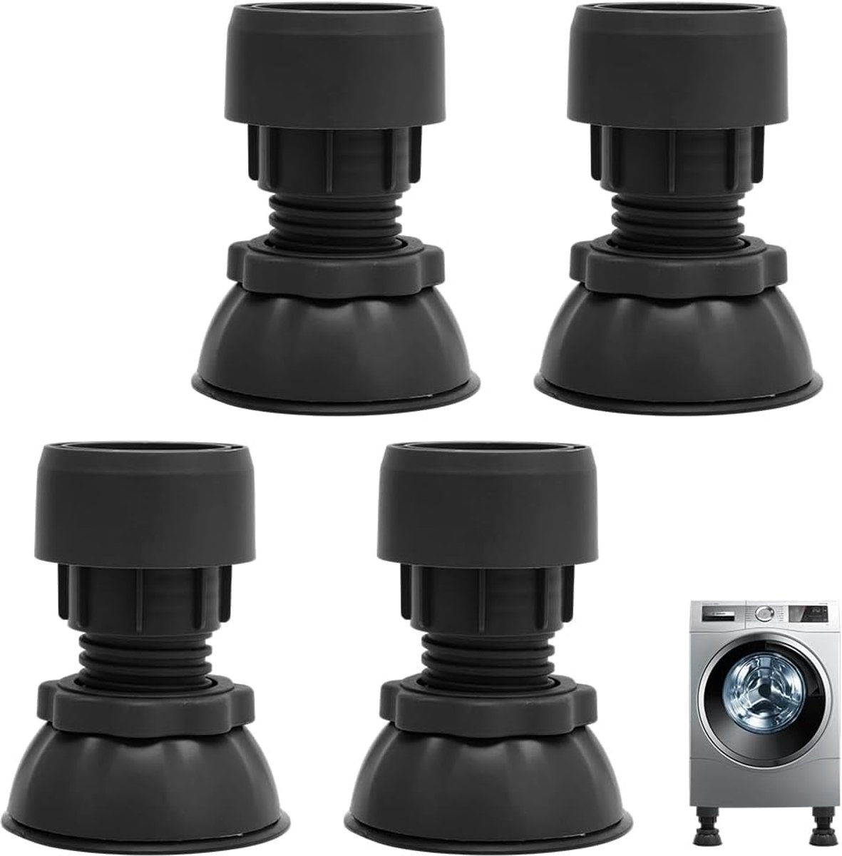 Wasmachinevoetjes, 4 stuks universele trillingsdempers voor wasmachines en drogers, anti-trillingsdemper, verhoging wasmachine 9,5-12,5 cm, verstelbare trillingsdempers pads