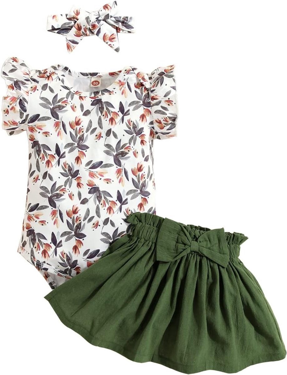 Zomerse Babyset voor Meisjes: Korte Mouwen Romper, Rok en Haarband voor 3-24 Maanden met Bloemen- en Luipaardprint