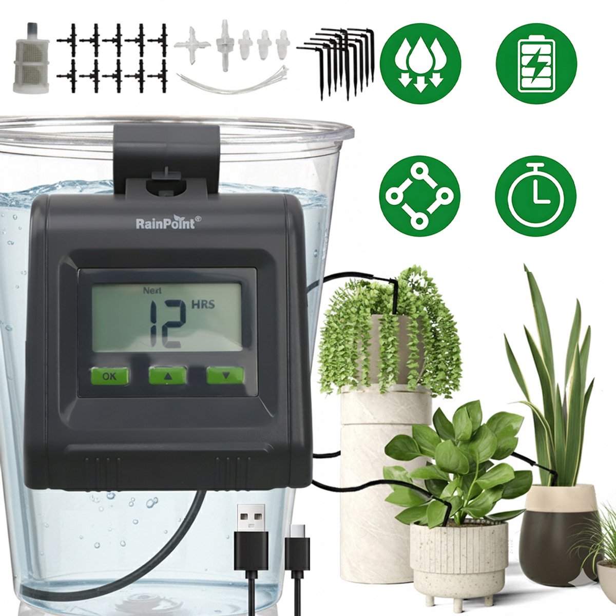 Slimme Druppelirrigatieset Met Instelbaar Bewateringsschema - Interval Van 1 Uur Tot 7 Dagen Duur Van 20 Seconden Tot 30 Minuten Directe Wortelbewatering - Voor Potplanten, Bloemen En Groenten