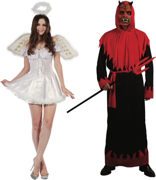 Engel in wit jurkje met halo en vleugels naast een duivel in rood-zwart gewaad met masker en drietand.