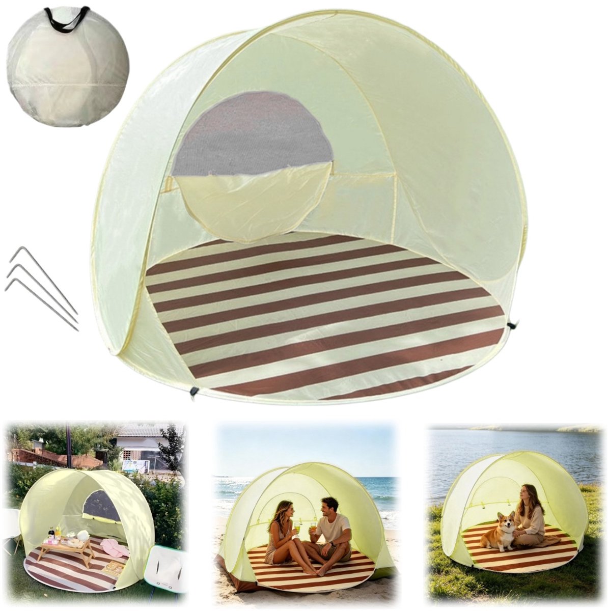 Strandtent - Picknickzonnescherm - Opvouwbare tent - Koepeltent Zonnescherm - Halfopen winddichte tent - Inclusief montageaccessoires - Biedt plaats aan 3 personen - Voor kamperen, picknicken, parken, reizen, strand (beige - 130*110 cm)
