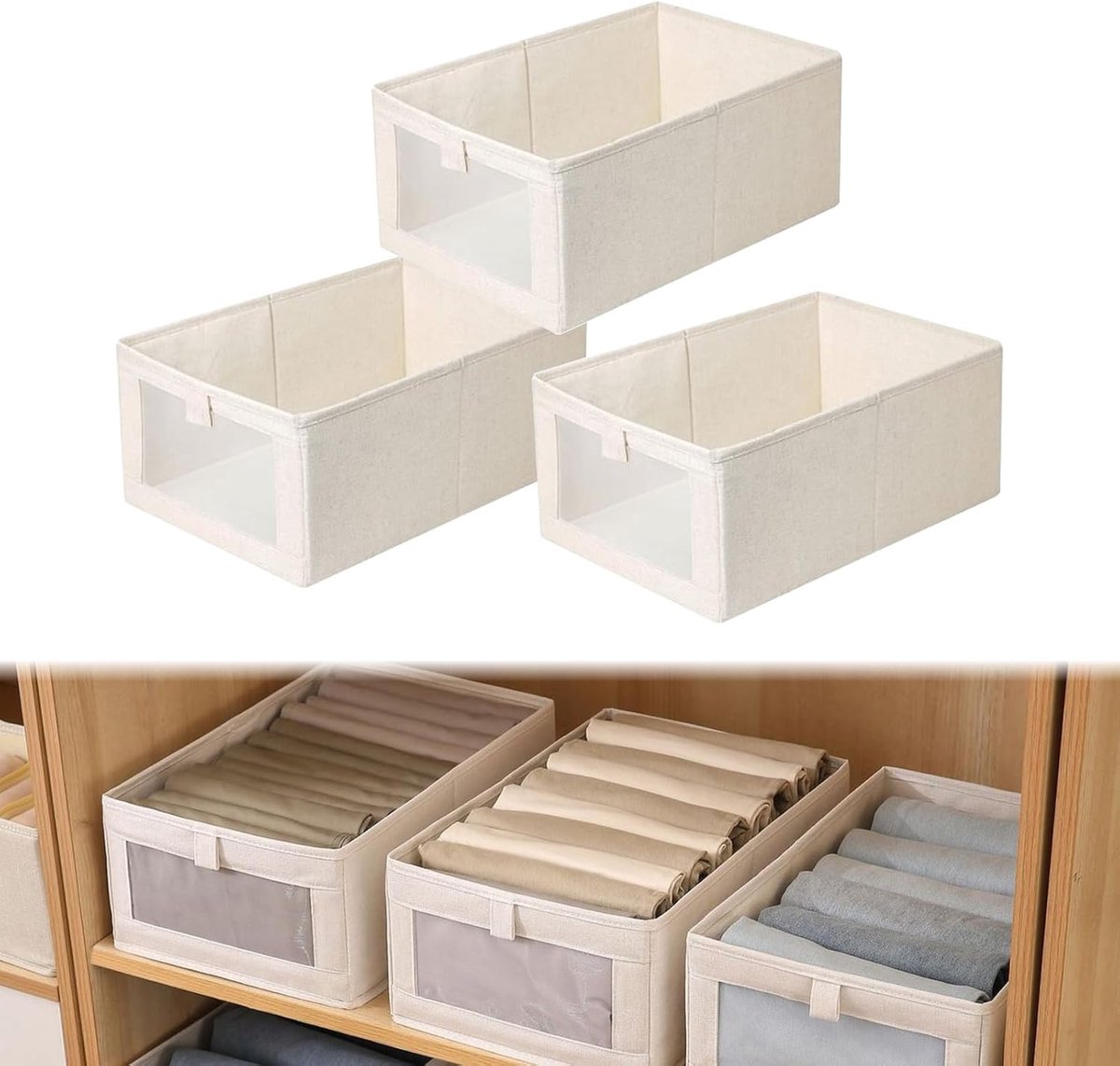 Opbergdoos - Opvouwbare Set van 3 met Transparant Kijkvenster - Geschikt voor Kledingkast Speelgoed en Textiel - Afmeting 41x28x17 cm - 3 Stuks