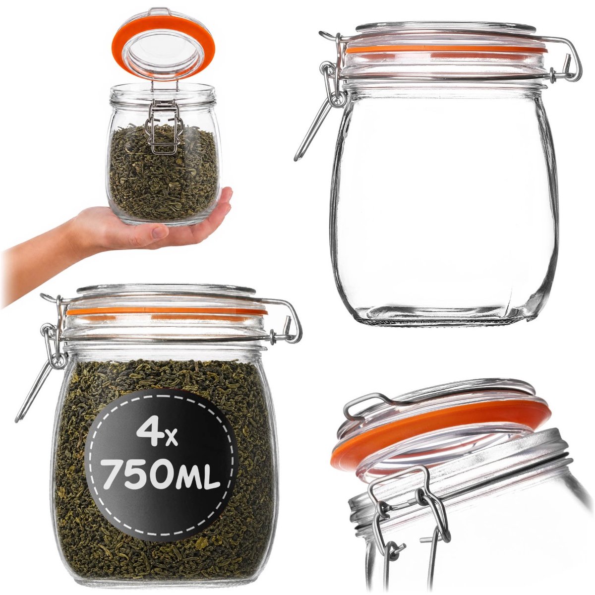 KADAX inmaakpot 4 stuks 750 ml met beugelsluiting, luchtdichte pot met rubberen afdichting en glazen deksel, glazen voorraadpot, fermentatiepot voor groenten