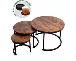 BAUER & MEYER® Salontafel Rond - Koffietafel - Incl. Thee Onderzetter set - Table Basse - Set van 3 salontafels - Hout – Donkerbruin