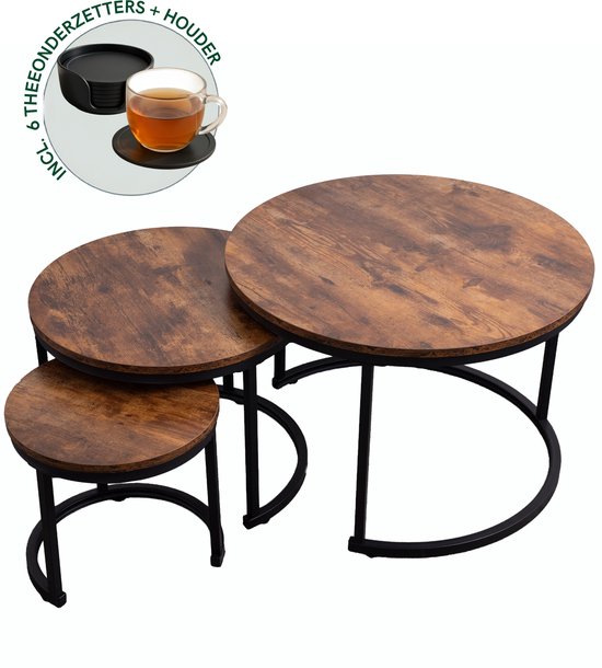 Set van 3 ronde salontafels met donkerbruin, houtlook tafelblad en zwart metalen frame, inclusief 6 theedoekjes en houder.