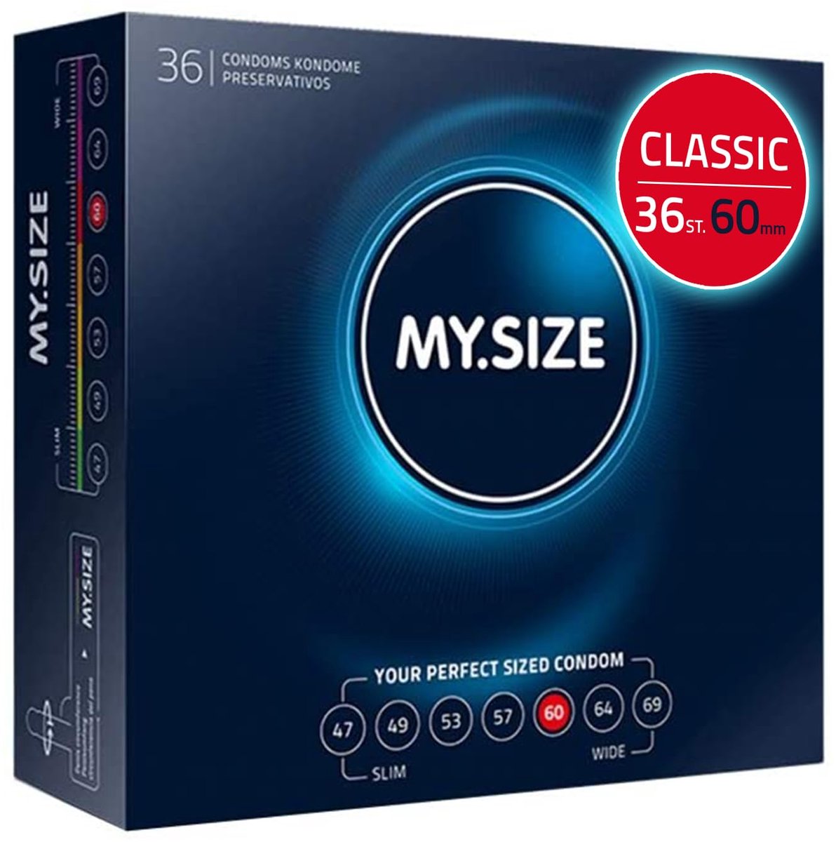 MY.SIZE Classic condooms maat 5 I 60 mm breed I 36 stuks grootverpakking I premium extra dun I true to touch gossamer I dunne 0,07 mm wanddikte I veganistisch