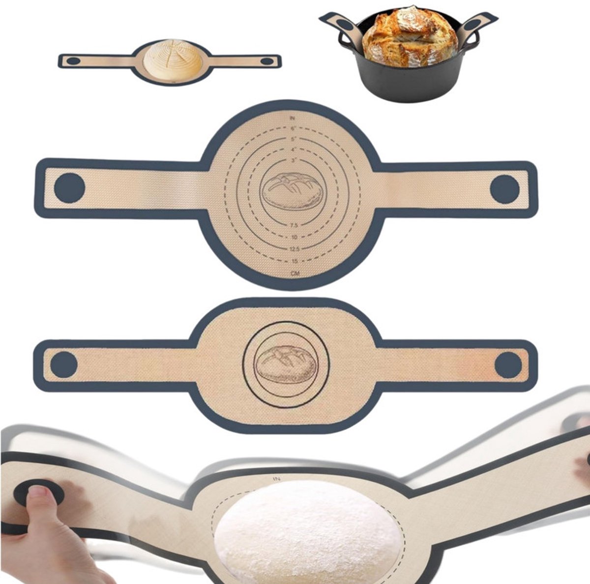 2-Delige set siliconen bakmatten- Herbruikbare Deegmat - Lange Handvatten - Sling Bakmat – Siliconen bakmat met lange handgrepen – Herbruikbare bakmat voor brood – Geschikt voor zuurdesem, deeg en pizza (ovaal 58,5 x 15,8 cm & rond 56 x 21 cm)