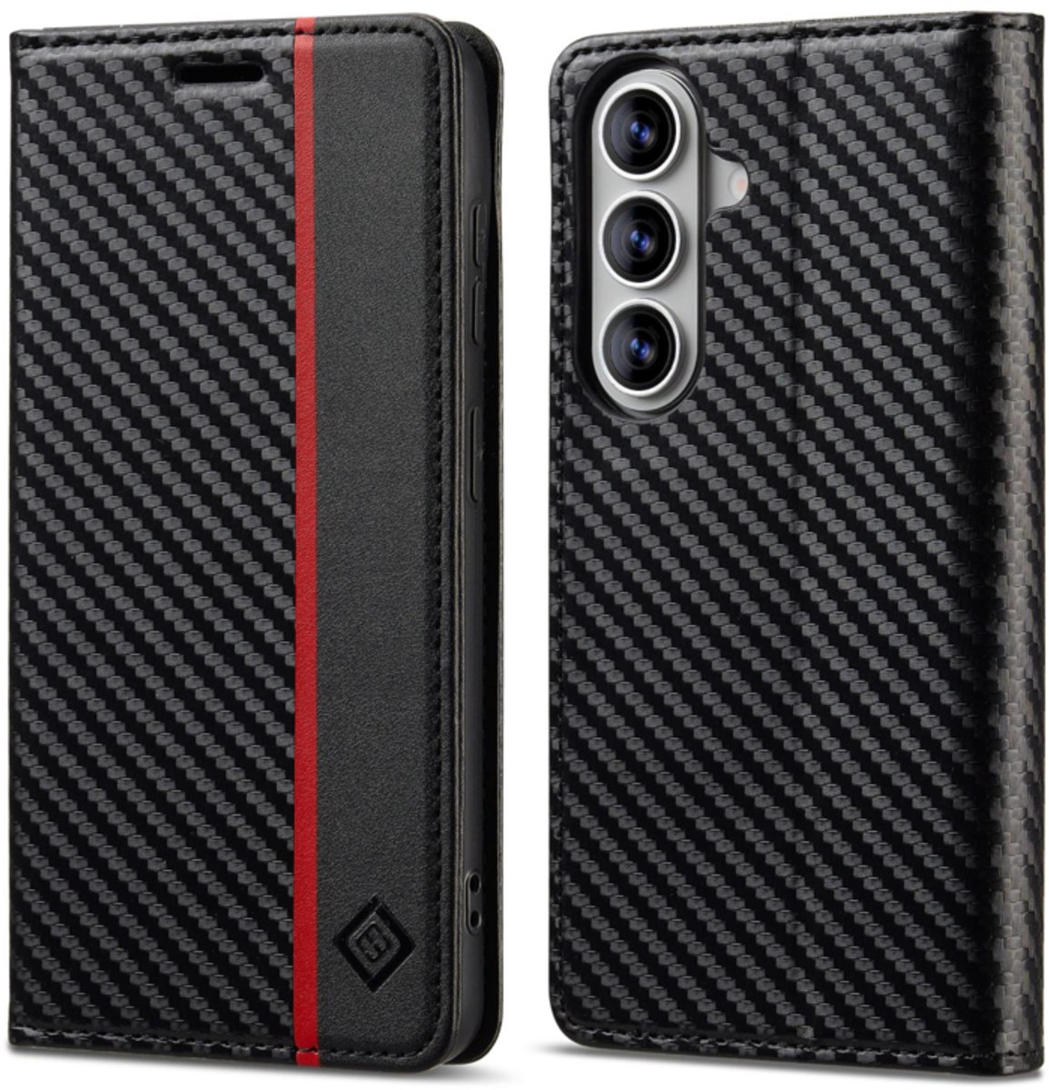 Luxe BoekCover Hoes Etui geschikt voor Samsung Galaxy A27 - Zwart - Rood - Carbon