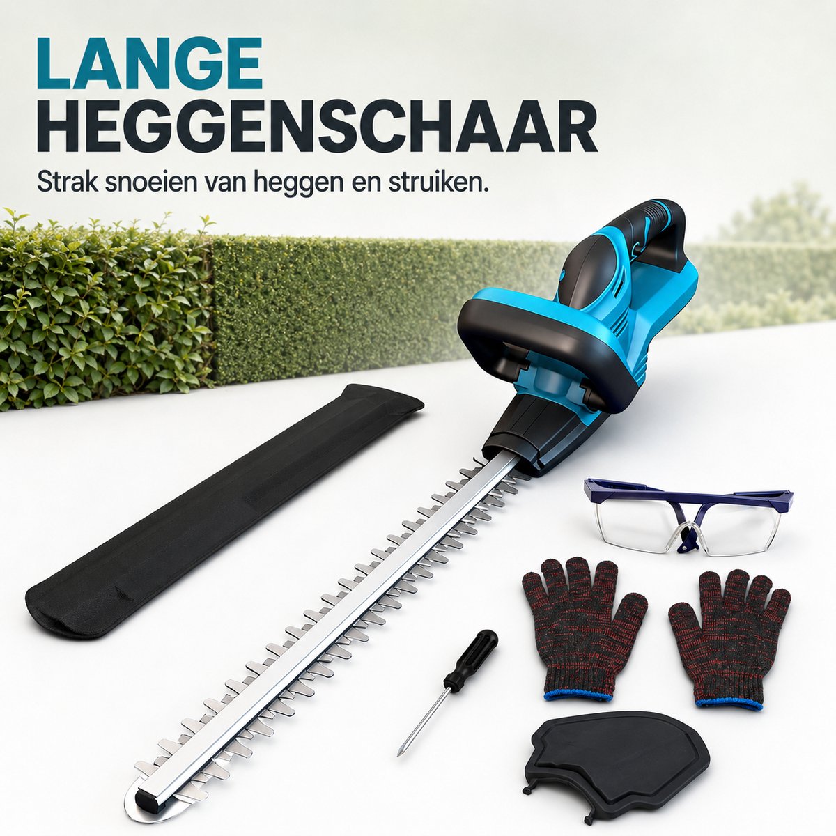 Lange Heggenschaar – Heggentrimmer voor Heggen, Hagen en Struiken – Met Mesbeschermer, Veiligheidsbril, Werkhandschoenen, Handbescherming en Onderhoudsaccessoires