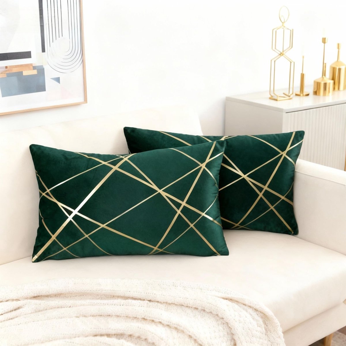 SolidKeus - Rectangular Velvet Kussenhoezen 30 x 50 cm Donkergroen met Gouden Strepen