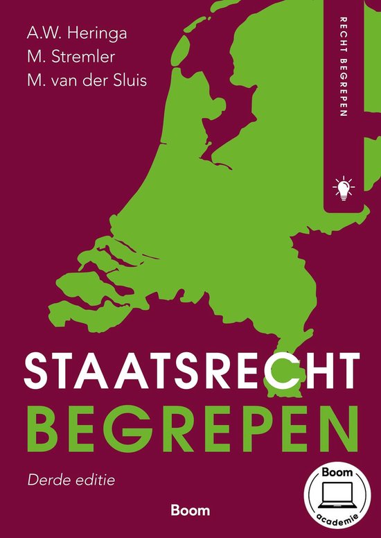 Boekomslag met groene kaart van Nederland en tekst 'Staatsrecht begrepen' in witte letters. Achtergrond paars.