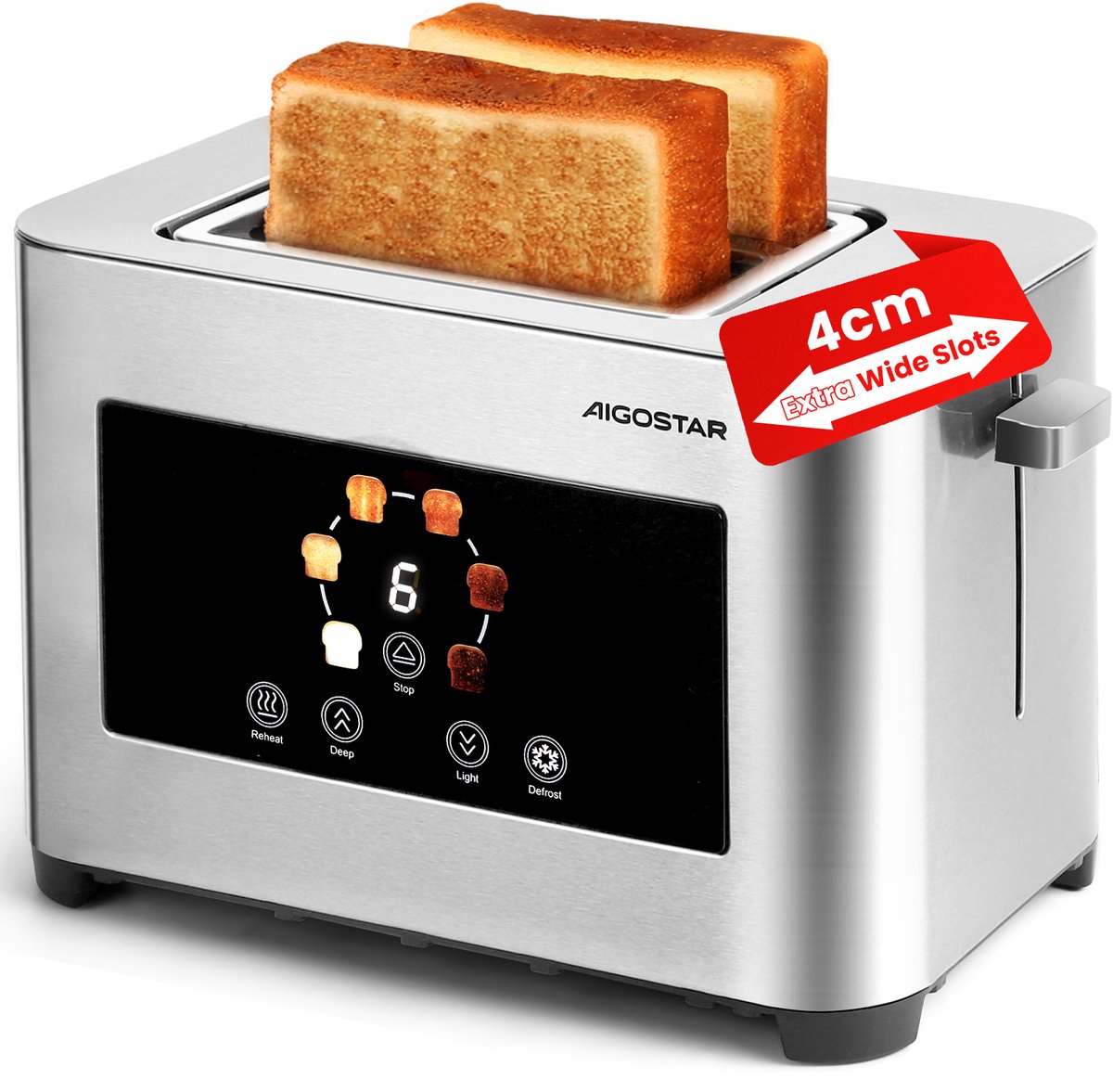 Aigostar Briller 303QG - Broodrooster - Toaster - LED Display - Roestvrij staal - 2 Extra Brede Sleuven - 6 Warmteniveaus - 850W
