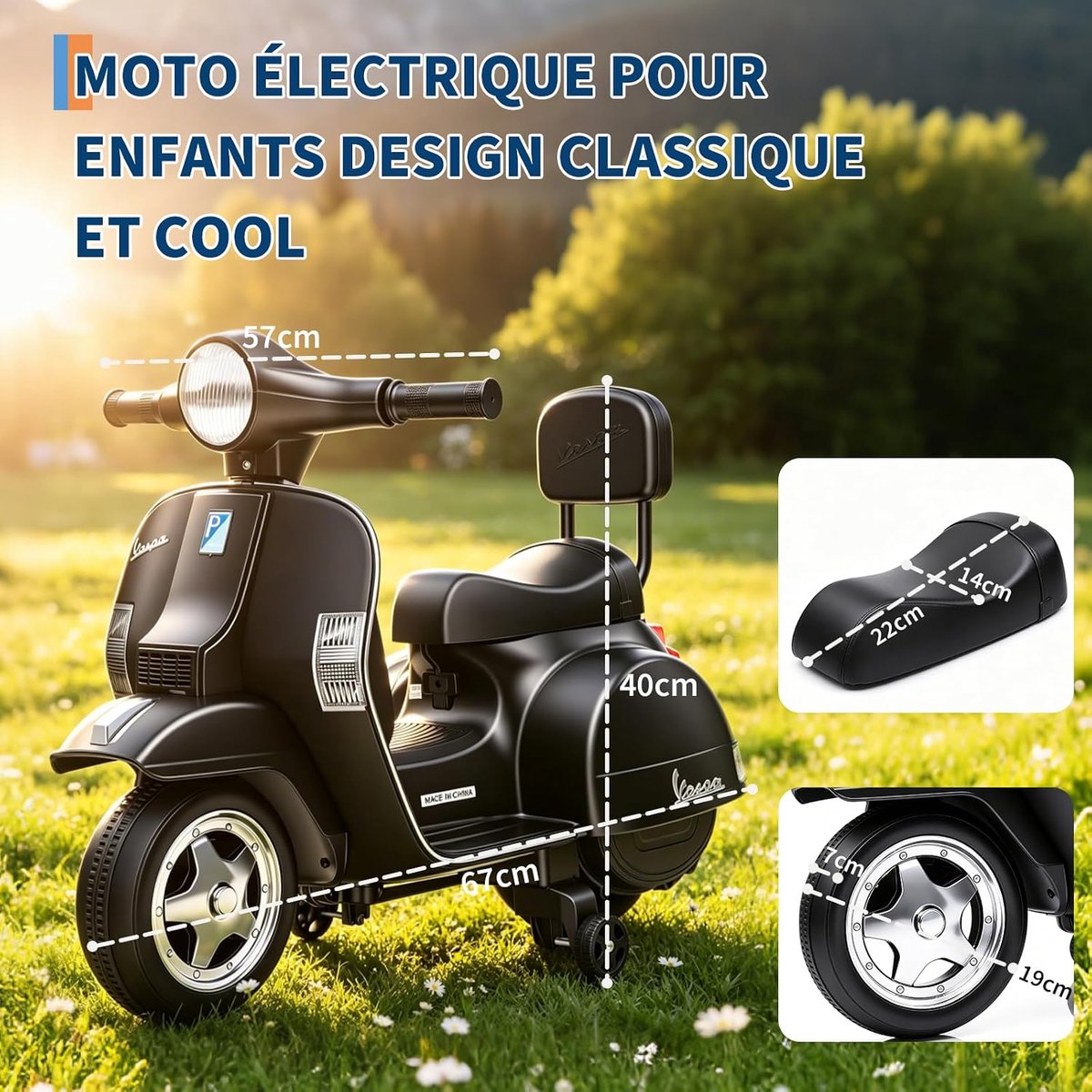 Elektrische Scooter voor Kinderen - Retro Kindermotor met Licht, Muziek en Claxon, 6V - Zwart – foto 2