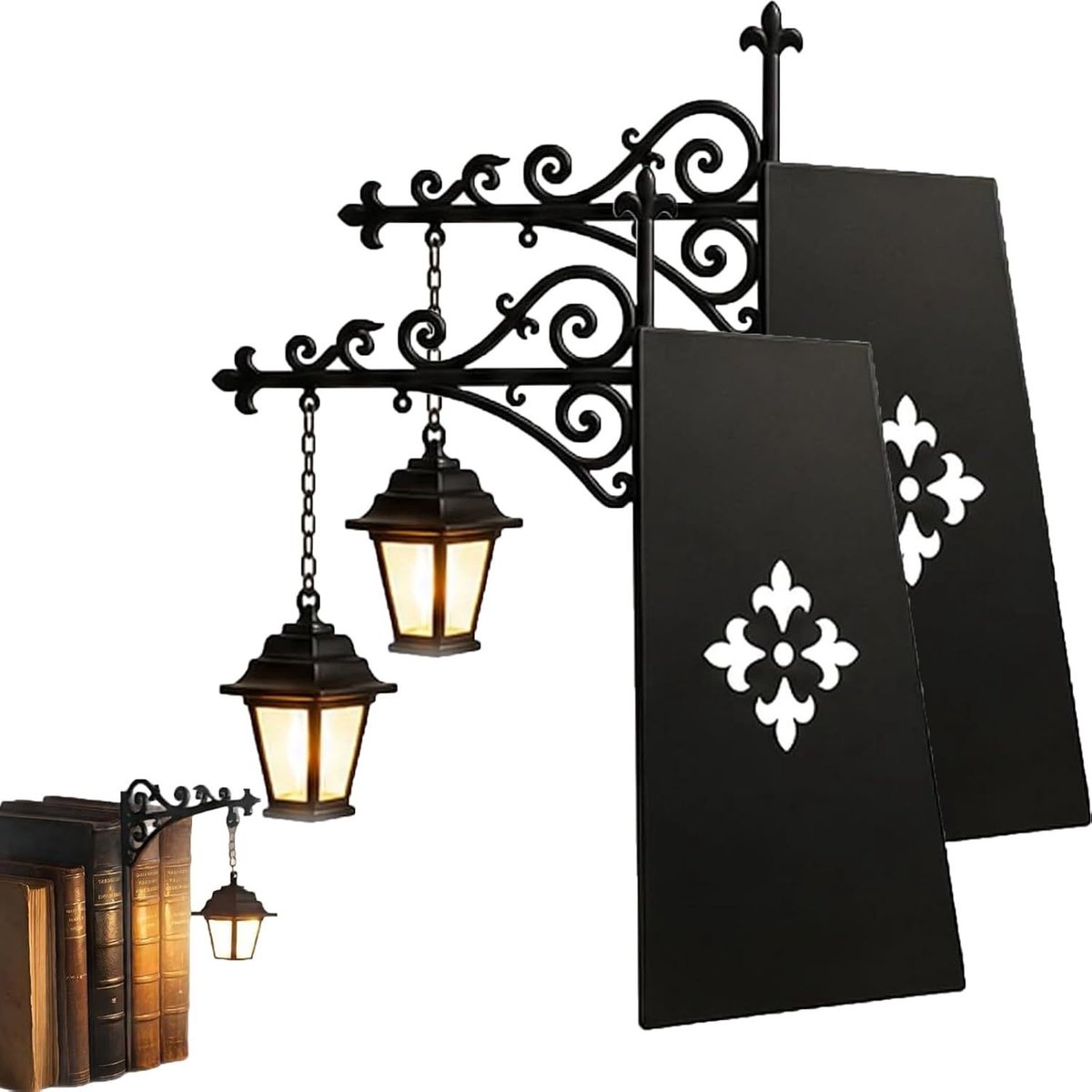 2 Stuks - Boekensteun met Lamp - Boekensteun metaal - Bibliotheeklantaarn - Boekenstandaard - Decoratieve Boekenplankverlichting - Miniatuur Boekenplank Lantaarn - Halloween leeslampje - Voor Boekenliefhebbers & Lezers - Retro Design
