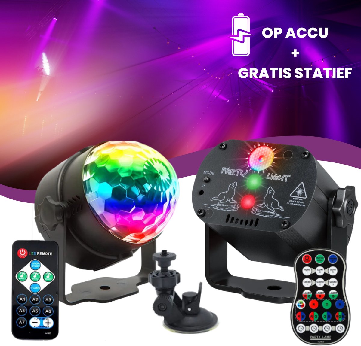 Lucion® Discolamp & Party light set - Discolampen - Discobal - Party Lights - Disco verlichting - Roterende led discolamp verlichting - Stroboscoop effect - Party laser - Feestverlichting set op accu met statief
