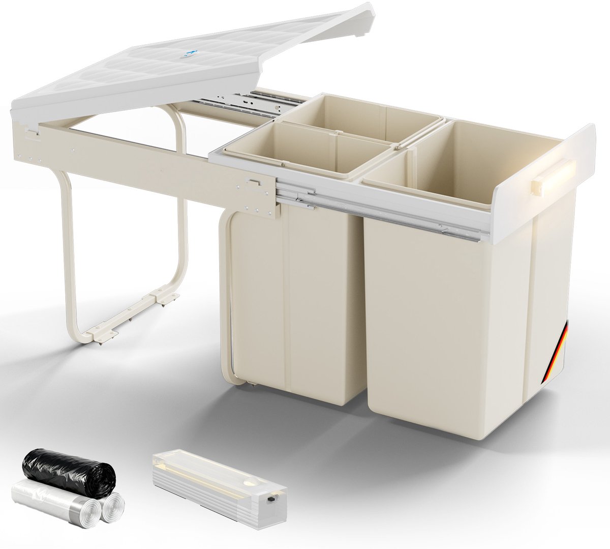 Soontrans - Inbouw Prullenbak Uittrekbaar - Metalen Frame - Afvalemmer voor Keukenkast - Soft-Close Glijsysteem - Afvalscheidingssysteem - Afvalbak 20L+10L+10L - 3 Vakken - Wit