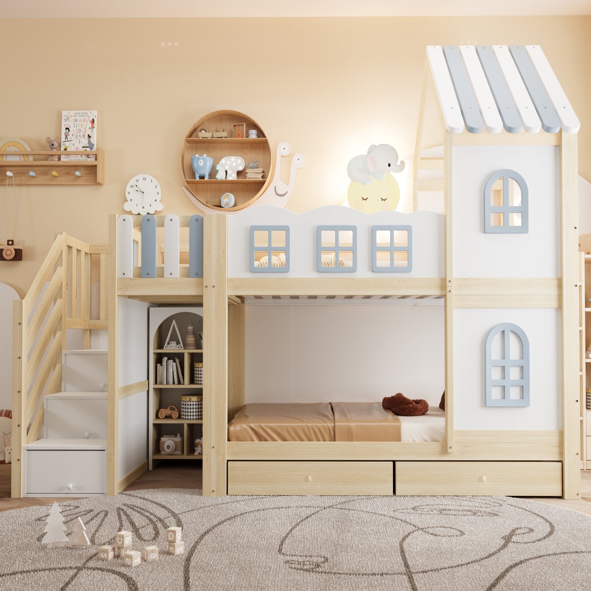 VVBV Stapelbed 90x200 cm - Uitvalbeveiliging, Opbergtrap, Met Lades, Met Lattenbodem - Naturel, Hout