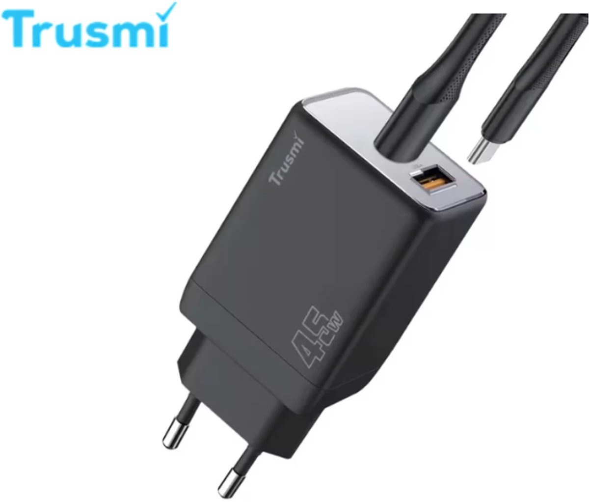 Trusmi | 45W Snellader | USB-C | 45W | USB-C Adapter | Oplader USB C | 1x USB-C en USB-A PD 45W | GaN | Universeel | Telefoons, Laptops, iPads, Tablets | 1 Meter 45W USB-C