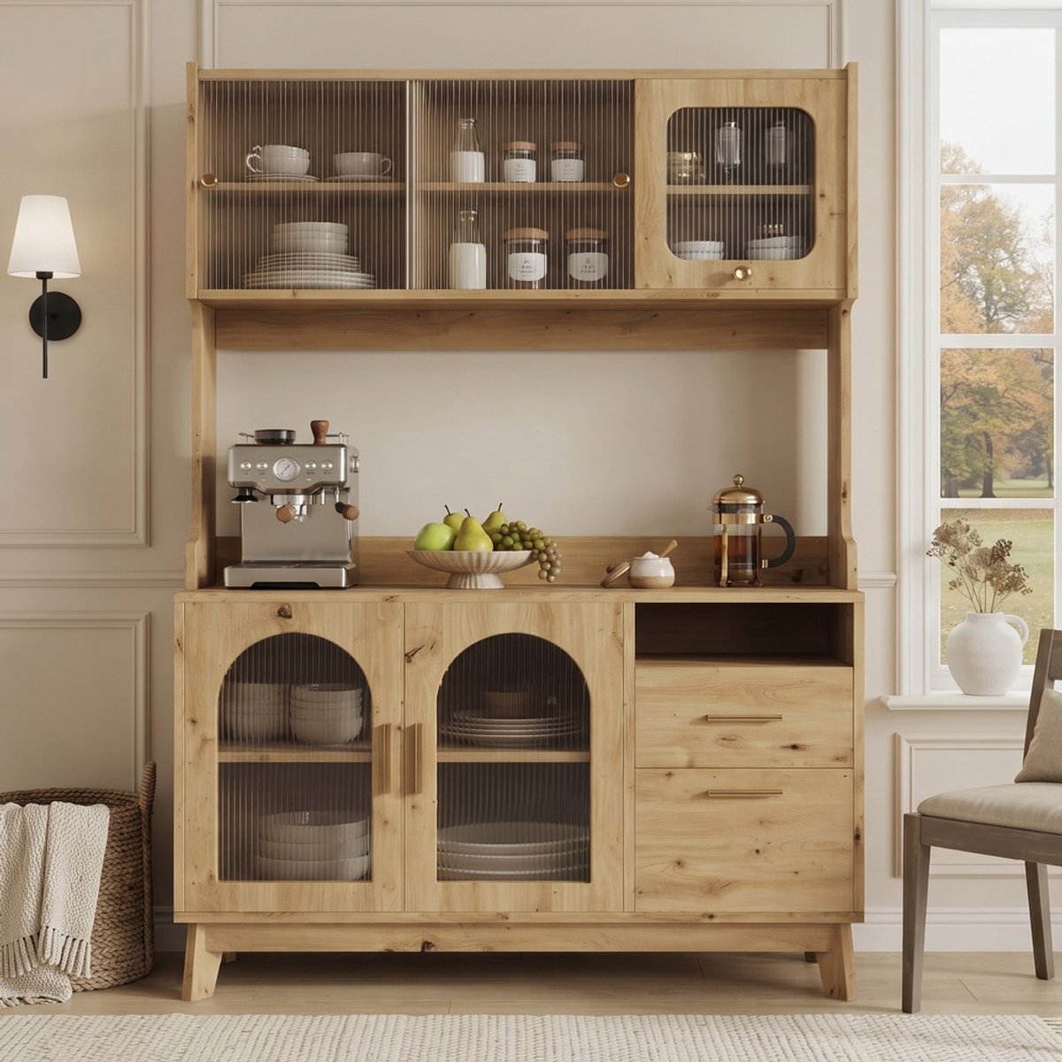 Pugsdrly Buffetkasten, hoge eetkamerkast 120 × 40 × 178 cm, opbergruimte met verschillende niveaus, geïntegreerd stopcontact en USB-C- en USB-A-aansluitingen, houtkleur
