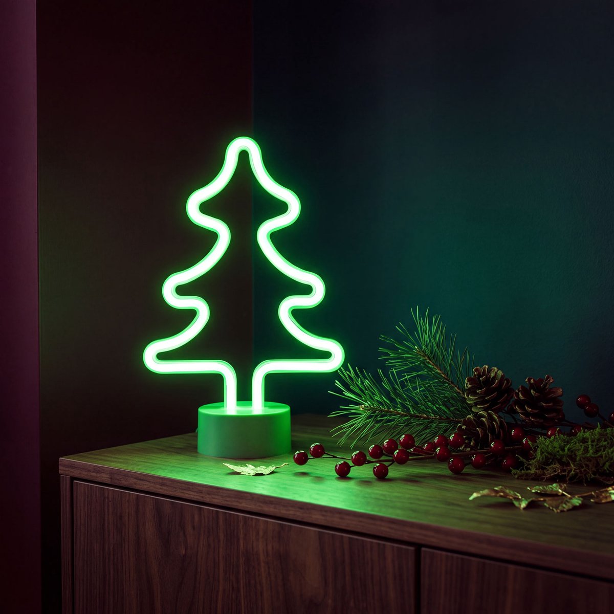Nachtlamp Neon LED Kerstboom Lamp - Groen - USB (Kabel Meegeleverd) Of 3x AA - Decoratieve Tafellamp Met Stabiele Voet - 120 LEDs - 2 W [43996D]