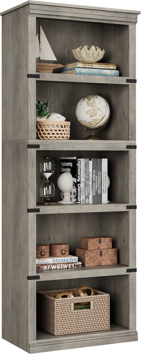 Boekenkast 5 Lagen - 62x32x171cm - Boekenkast Vintage Hoog - Opbergkast Open Vakken - Displaykast Vrijstaand - Voor Woonkamer En Kantoor - Grijs