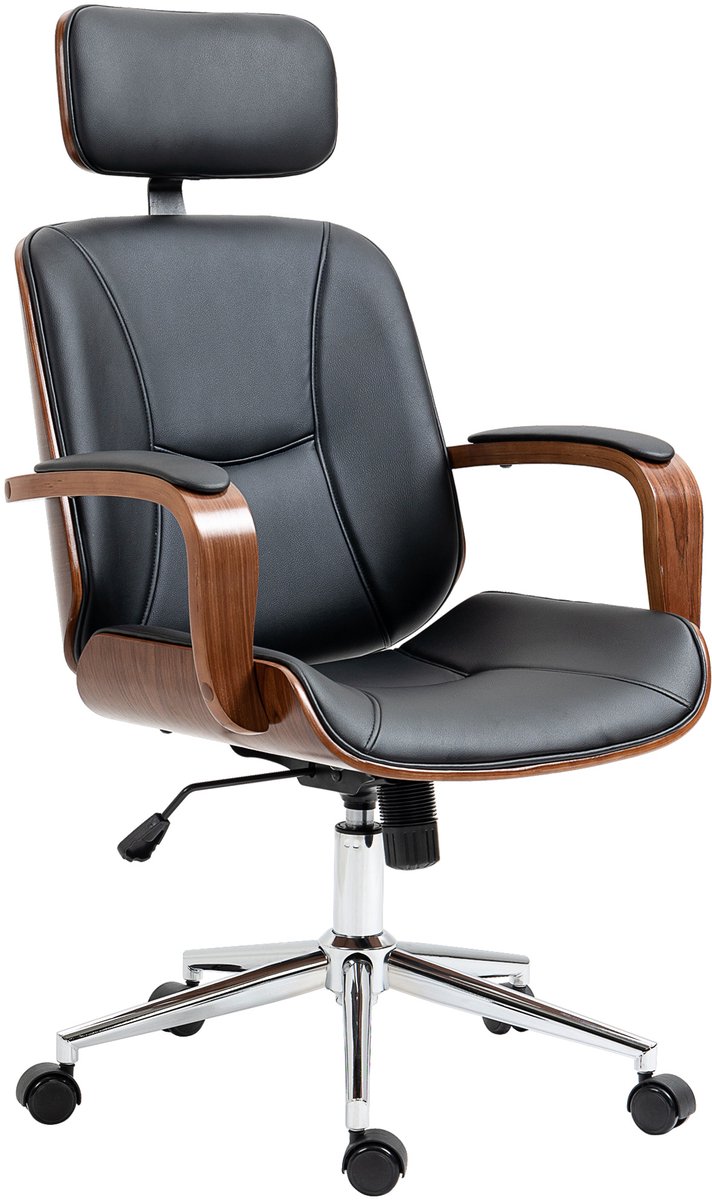 Zwarte Ergonomische Bureaustoel 66x65x125 cm, Kantoorstoel, PC Stoel, Computerstoel, Draaistoel met Hoge Rugleuning, Afneembare Hoofdsteun, Lendensteun, Kantelfunctie en Kunstleren Bekleding voor Home Office, Kantoor, Studiekamer