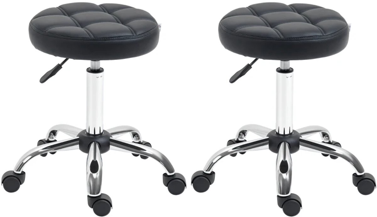 Set van 2 Zadelkruk op Wielen - Kapperskruk - Tabouret - 360° Draaibaar - In Hoogte Verstelbaar - Bureaustoelen - Salonstoel - Kruk Stoel - Werkkruk - voor Kantoor, Salon, Massage, Spa - Zwart