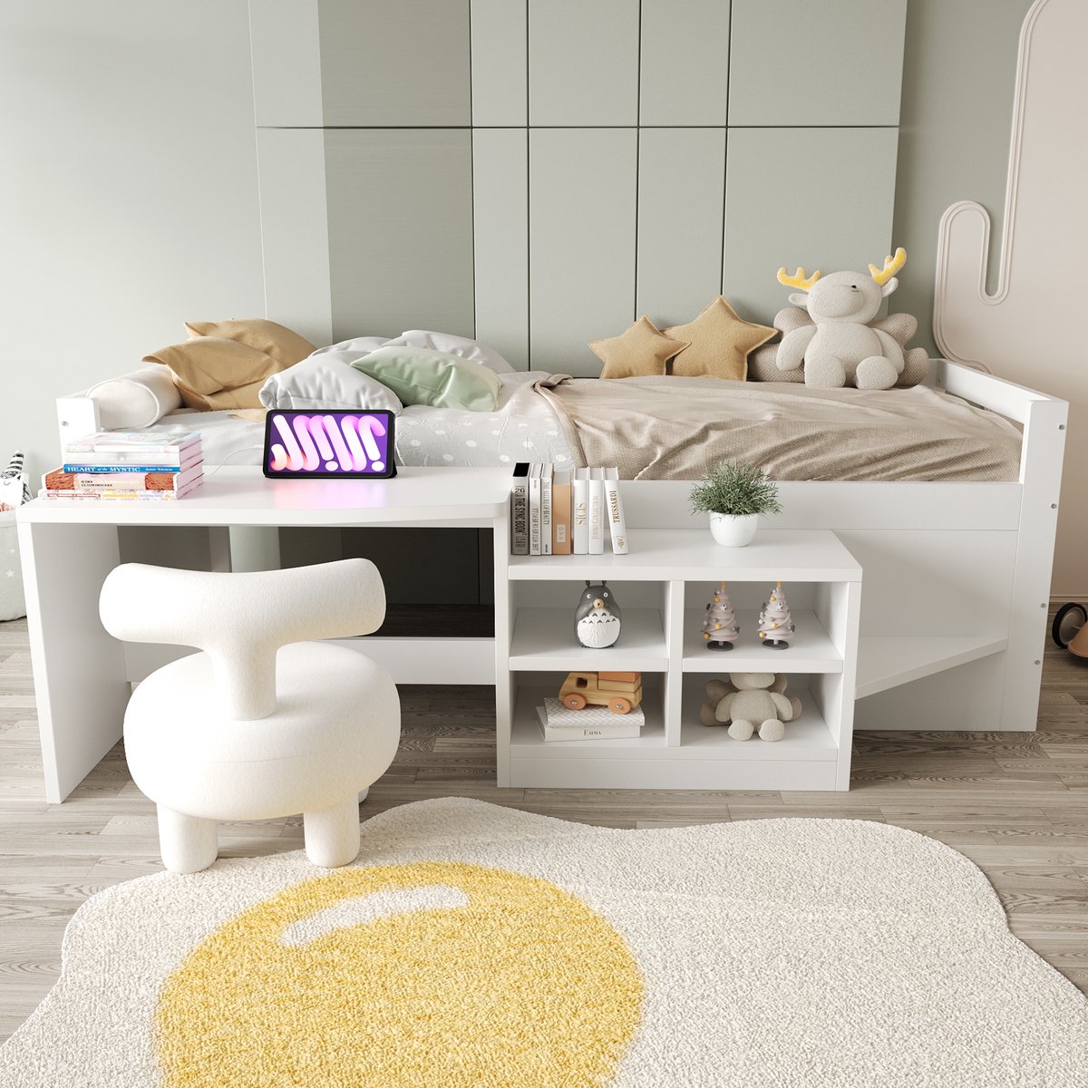 Kinderbed 90×200 cm, Eenpersoonsbed, Multifunctioneel Bed, Met Opbergvakken; Bureau Met Stopcontacten Volgens Europese Standaard; Eenpersoonsbed; Houten Bed,Wit