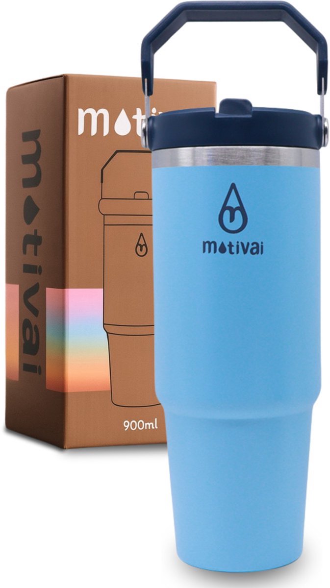 Motivai Flip Straw Tumbler - Aqua - 30oz - Travel Cup - RVS Thermosbeker met Handvat en Rietje - Drinkbeker To Go - 900 ML - Travel Mug - Thermosbeker - Thermosfles - Thermoskan - Geschikt voor warme en kouden dranken - Drinkfles - Waterflessen