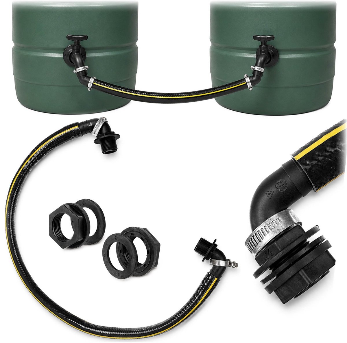 KADAX aansluitset voor regentonnen, regentonverbinder met een aansluitslang van 80 cm en een 3/4 inch-aansluiting, verbinder voor twee regenwaterreservoirs